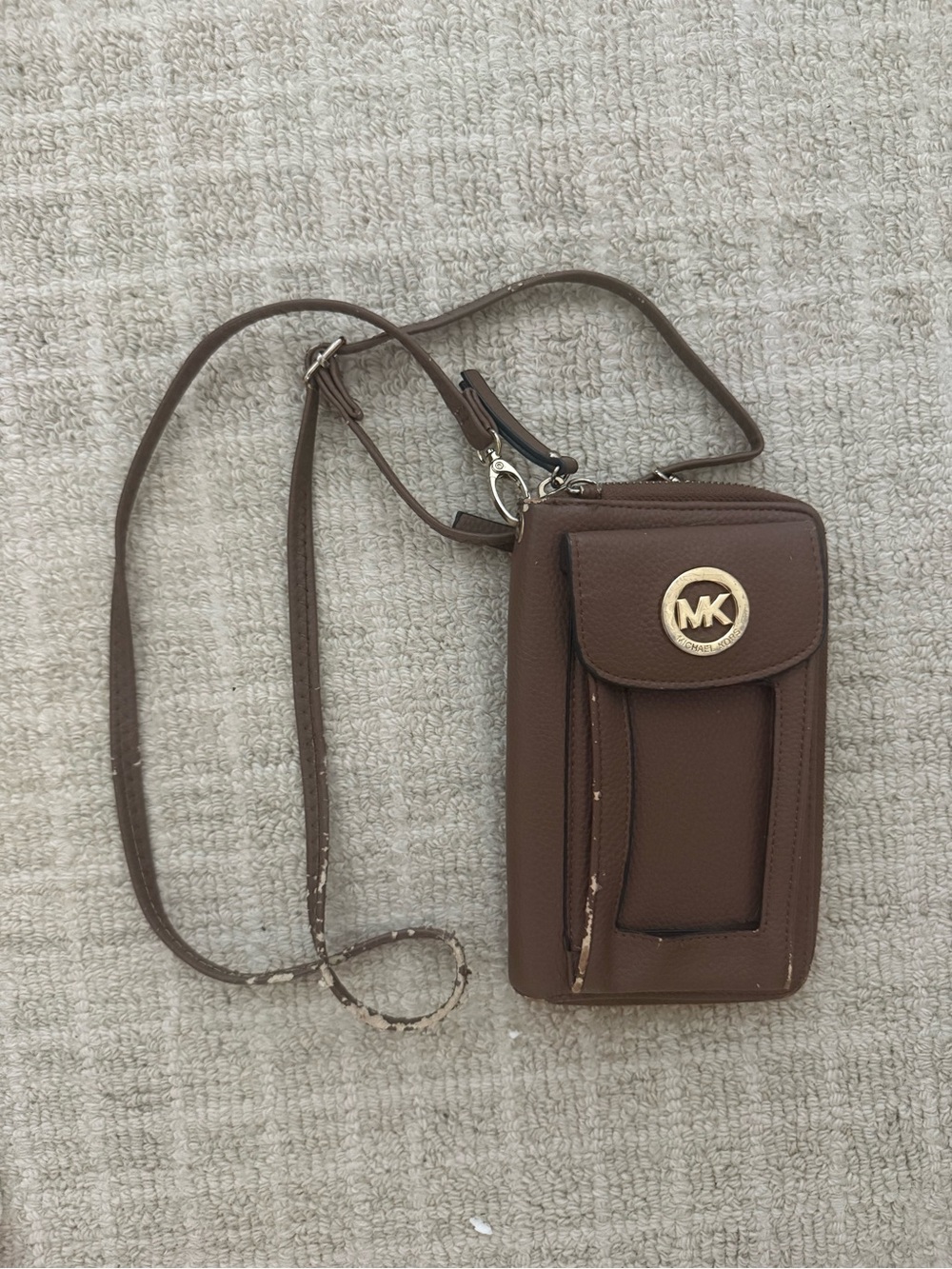 Michael Kors Brown Leather Crossbody Phone Pouch with Gold MK Logo